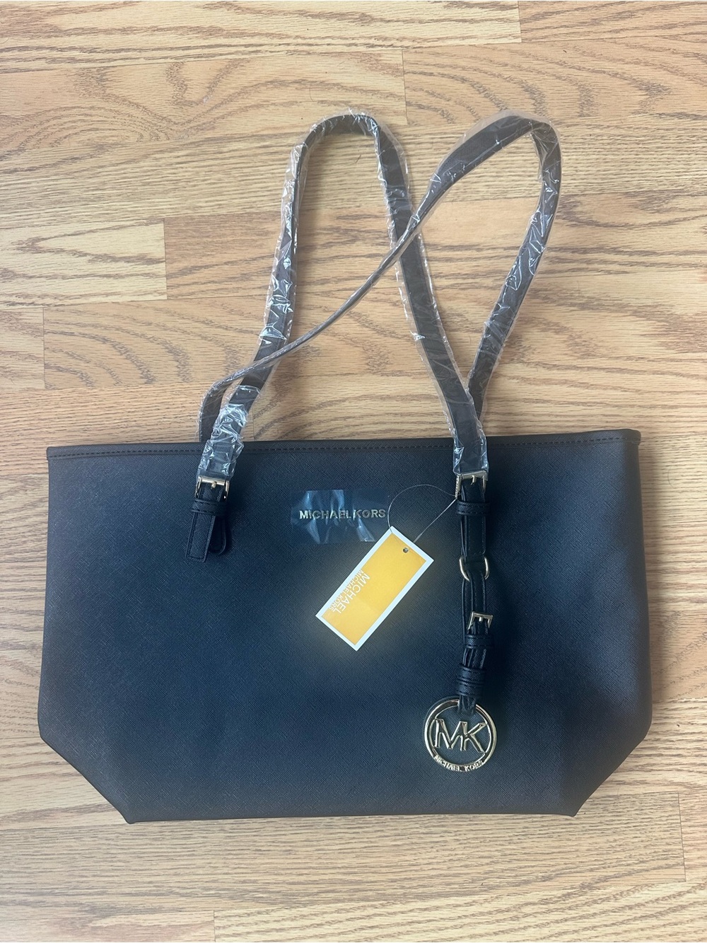 Michael Kors Black Saffiano Tote with Gold MK Charm